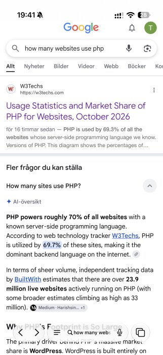 Google-sökning om PHP-användning visar att PHP driver cirka 70% av alla webbplatser, enligt W3Techs.