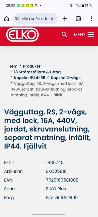 Produktbeskrivning av ett vägguttag från ELKO Plus, RS, 2-vägs, IP44, 16A, 440V, jordat, skruvanslutning, fjällvit färg, artikelnummer EKO05818.
