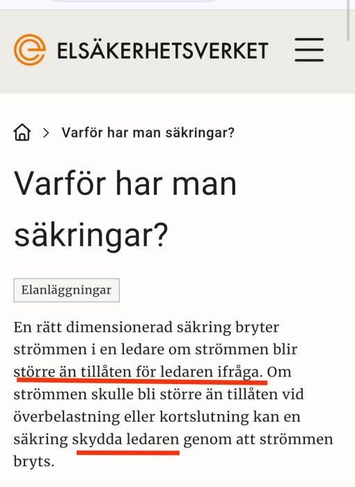 Elsäkerhetsverkets webbplats sida 'Varför har man säkringar?' med text om hur säkringar skyddar ledare vid överbelastning och kortslutning.