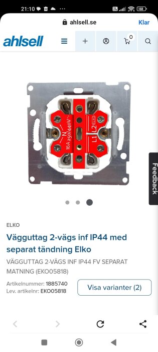 Vägguttag 2-vägs infällt IP44 Elko med separat tändning, visad med tekniska specifikationer och artikelnummer från Ahlsell.se.