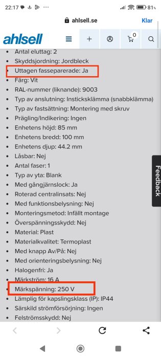 Specifikation för vägguttag hos Ahlsell, visar detaljer som skyddsjordning, antal faser och märkspänning 250 V; ej stöd för 400 V.