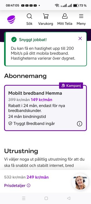 Skärmdump av Telias erbjudande på mobilt bredband, 149 kr/mån i 24 månader med obegränsat data och upp till 200 Mbit/s hastighet.