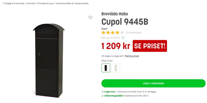 Svart brevlåda Habo Cupl 9445B med ett pris på 1209 kr.