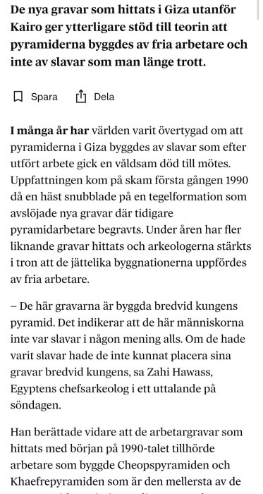 Artikel om gravar i Giza som stödjer teorin att pyramiderna byggdes av fria arbetare istället för slavar.
