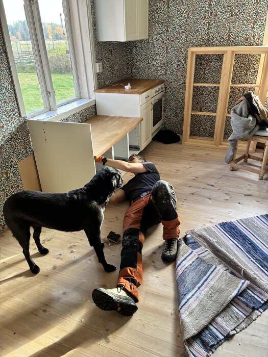 Person ligger på golvet i kök och arbetar med en skruvmejsel, med en svart hund intill. Kök med blommig tapet och trädetaljer.