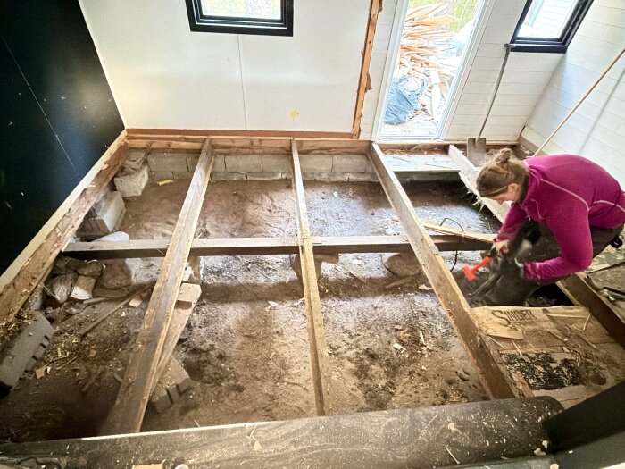 Person som arbetar med golvrenovering i ett äldre hus; exponerade reglar, jordgolv och verktyg syns. Golvet har börjat rivas upp.