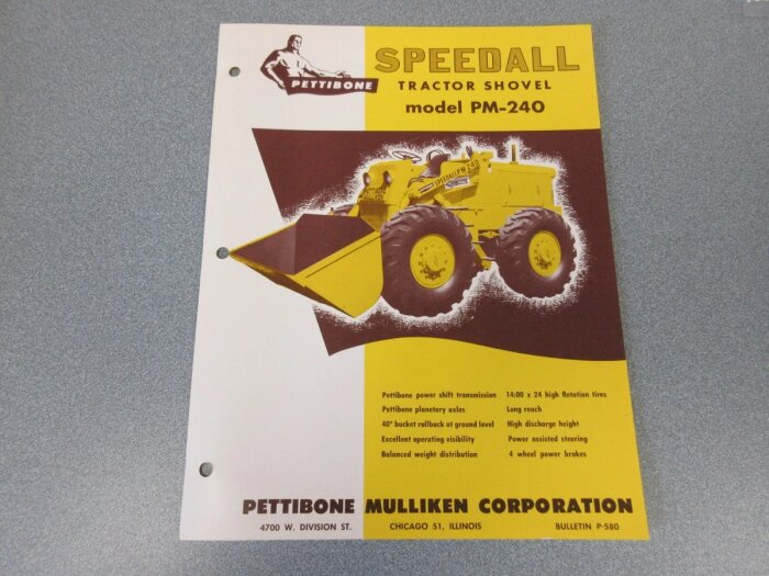 Broschyr för Pettibone Mulliken Speedall modell PM-240, visar en gul traktorskopa med tekniska specifikationer och företagslogotyp.