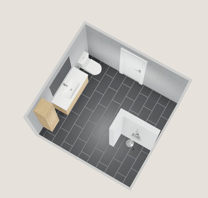 3D-planlösning av ett badrum med toalett, handfat, duschvägg och skåp. Svarta klinkergolv och gipsväggar. Diskuteras för förvaring av träningskläder.