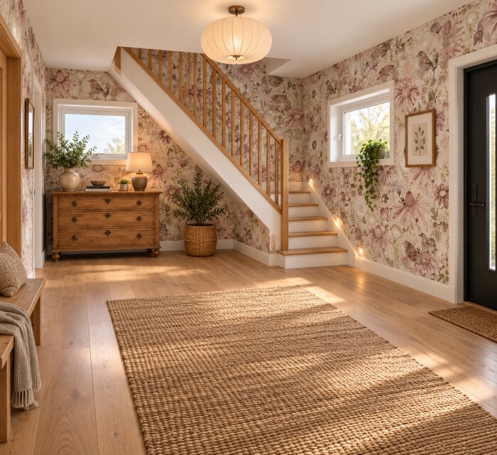 Hall med blomtapeter, trätrappa och trägolv. En byrå med lampor och växter syns. Flätad matta och moderne ljusdesign i rummet.