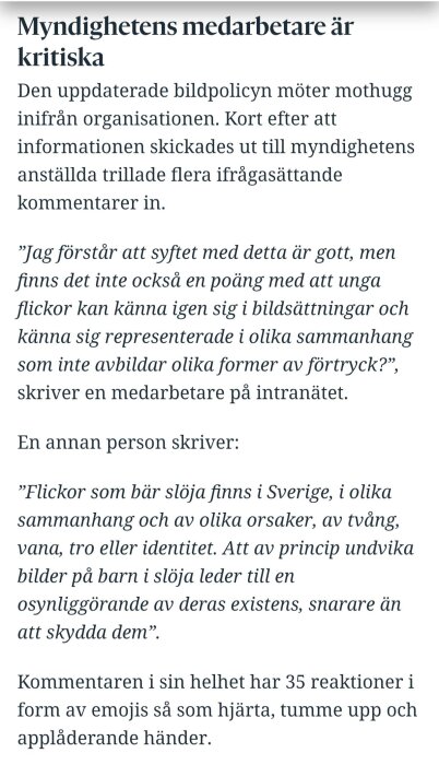 Text om kritik mot en myndighets nya bildpolicy, med kommentarer från anställda om representation och relevans av bilder av flickor i slöja.
