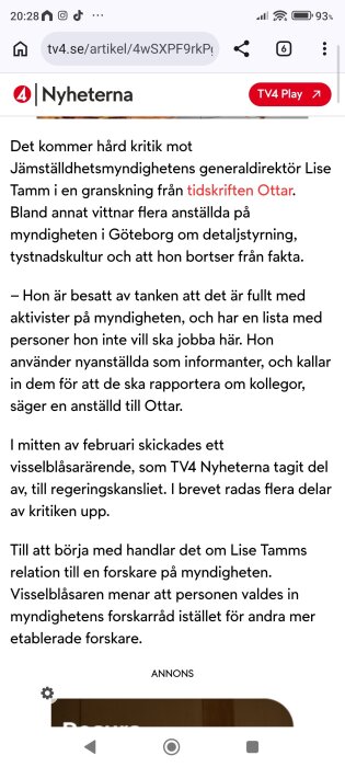 Nyhetsartikel med kritik mot Jämställdhetsmyndighetens generaldirektör Lise Tamm för detaljstyrning och tystnadskultur, enligt tidskriften Ottar.