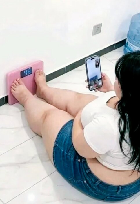Kvinna som sitter på golvet framför en våg med sina fötter. Hon håller i en telefon med en videosamtalsapp öppen.
