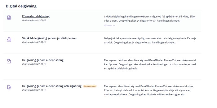 Digital delgivningstjänst med fyra kategorier: förenklad delgivning, särskild delgivning, delgivning genom autentisering och signering.