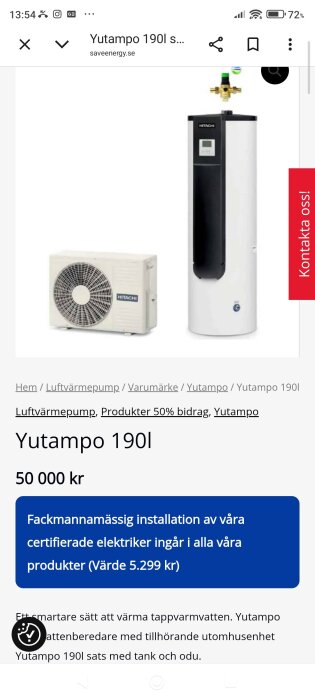 Hitachi Yutampo 190L varmvattenberedare med tillhörande utomhusenhet, visas med installationspris 50 000 kr i Stockholm.
