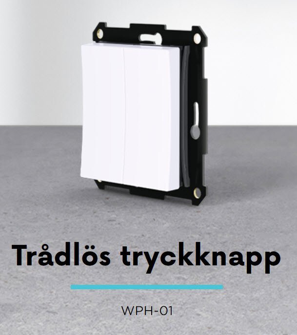 Trådlös tryckknapp WPH-01 i svart och vitt med text "Trådlös tryckknapp WPH-01" under, placerad på grå yta.