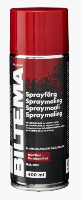 Röd sprayburk från Biltema, 400 ml, med text på olika språk. RAL 3000, hög kvalitet.