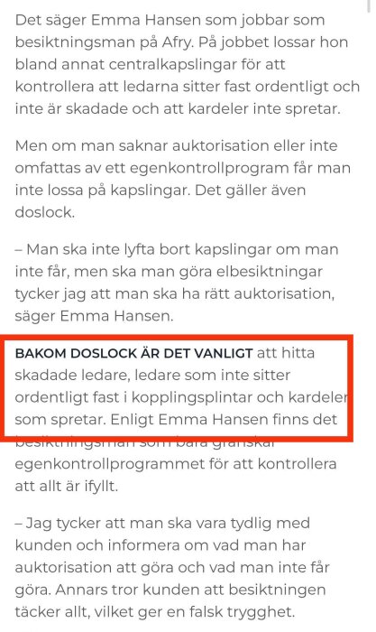 Bild av en artikeltext om elbesiktningar, där vikten av att kontrollera central- och doskapslingar för att undvika skadade ledare betonas.
