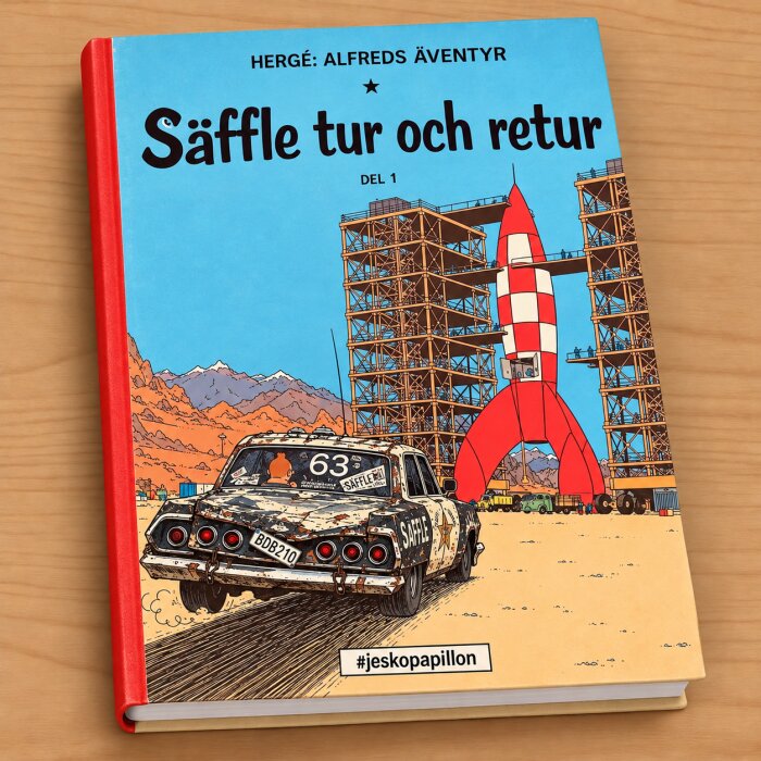 Omslagsbild av bok med titeln "Säffle tur och retur", visar bil och raket i bakgrund, med stil som liknar Tintins äventyr.