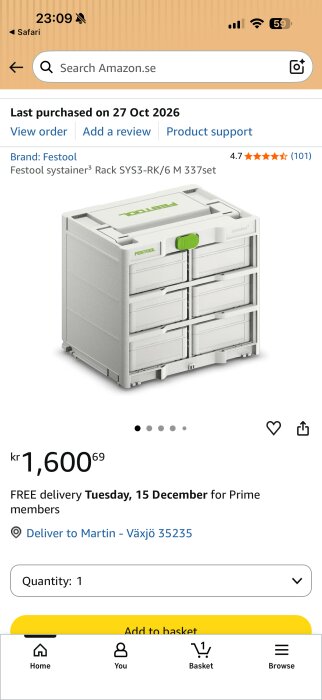 Festool Sys-rack med sex Sys S76 lådor på vit bakgrund, visat på en onlinebutikssida med priset 1600 kr.