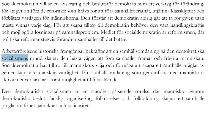 Utdrag ur Socialdemokraternas partiprogram 2025 med fokus på reformism, demokratisk socialism och jämlikhet.