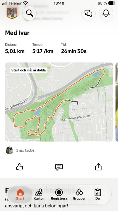 Karta över en löprunda i Malmö på 5,01 km med en tid på 26:30 och tempo 5:17/km, markerad med en röd linje över grönområde och vägar.