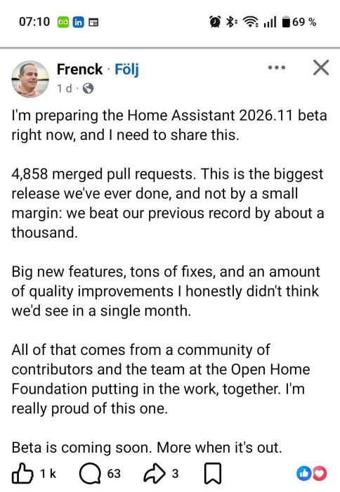 En skärmdump av ett inlägg om Home Assistant 2026.11-beta, med detaljer om förbättringar och bidrag från communityn.