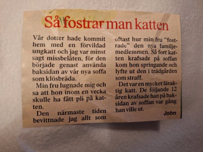 Utdrag ur en tidningsartikel med rubriken "Så fostrar man katten", om att träna en katt att sluta krafsa på möbler.