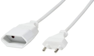 Vit förlängningskabel med två stift och hona.