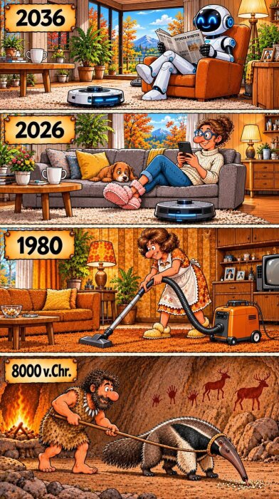 Framtidens och historiens städning: Robotläser tidning, kvinna med mobil, gammal dammsugare, stenåldersman med myrslok.