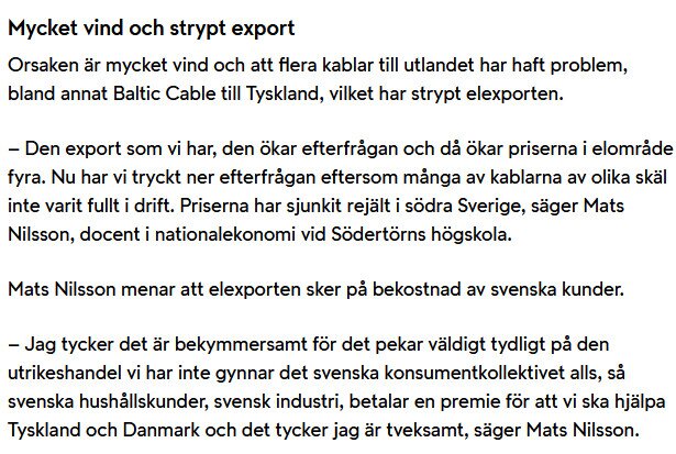 Artikeltext om strypt el-export från Sverige till Tyskland, med citat från Mats Nilsson angående effekterna på svenska hushåll och industrin.