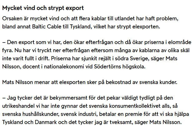 Bild av en artikel som diskuterar hur stark vind och kabelproblem påverkar Sveriges elpriser och export, med citat från Mats Nilsson, docent i nationalekonomi.