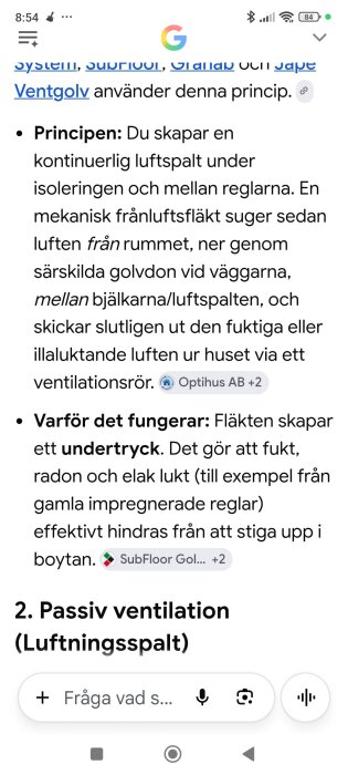 Google-sökresultat visas, beskriver principen och fördelarna med en mekanisk frånluftsfläkt för ventilation.