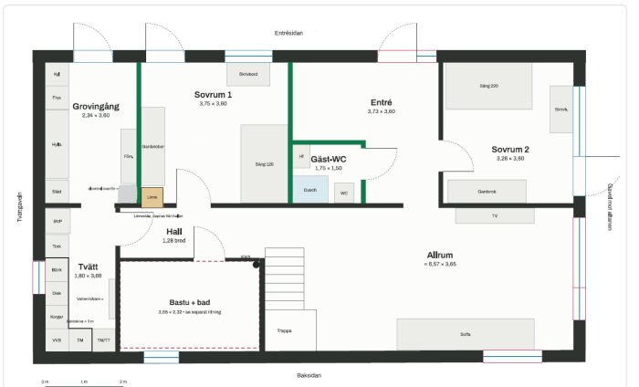 Planskiss för en lägenhet med två sovrum, grovingång, tvättstuga, hall, bastu + bad, gäst-WC, allrum och entré.