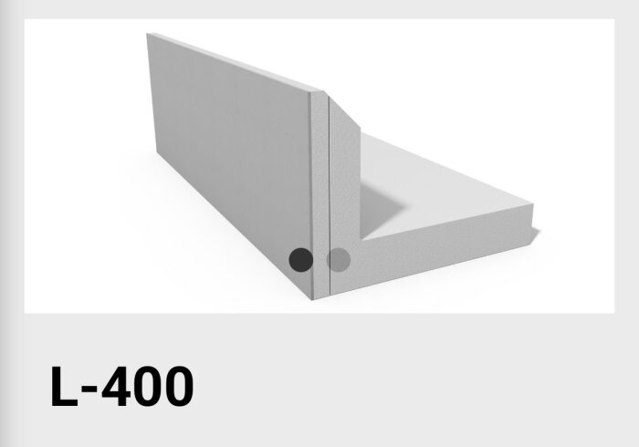 L-format byggdel, märkt L-400, med två små cirklar, en svart och en grå, på ytan.