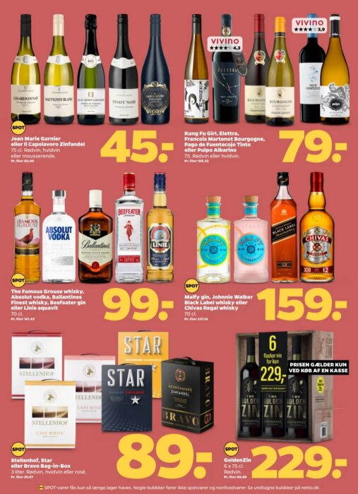 Reklamblad med vinsorter och spritsorter på Netto, inklusive Chardonnay, Sauvignon Blanc, Absolut Vodka, och Johnnie Walker. Priser från 45 kr.