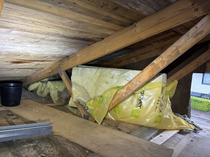 Isolering och träbalkar i en vind med begränsat utrymme, gul isoleringsmaterial synligt. Svart hink i högra hörnet.