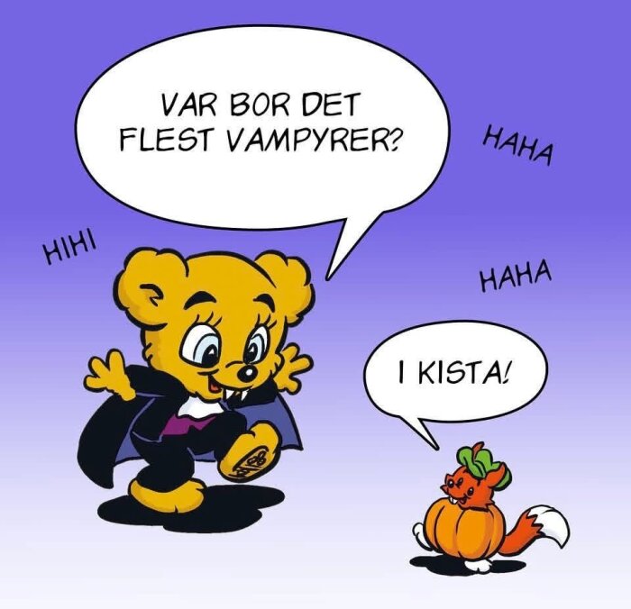 En tecknad björn klädd som vampyr ställer en gåta, samtalar med en räv utklädd till pumpa som svarar skämtsamt.
