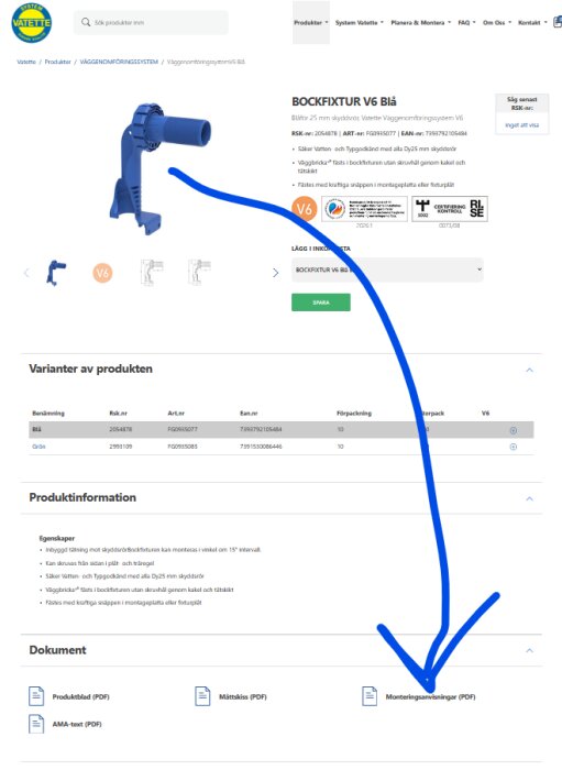 Vatette produktsida med blå bockfixtur och markering för nedladdning av monteringsanvisningar PDF.