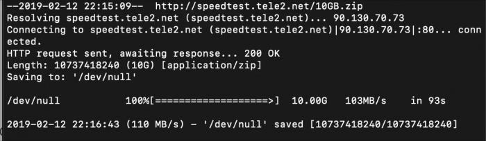 Film visar tre hastighetstester av nedladdningstid för en 10GB fil. Tiderna som uppmäts är 82s, 88s och 93s respektive.