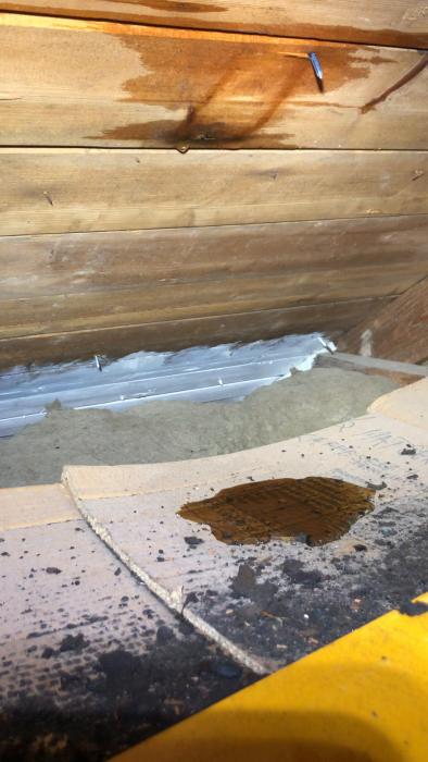 Film från en takrenovering under en regnig dag visar vattenläckage på vinden trots skydd med flexilight prima papp, vilket väcker frågor om dess täthet och funktion innan läggning av tegelpannor och nockband.