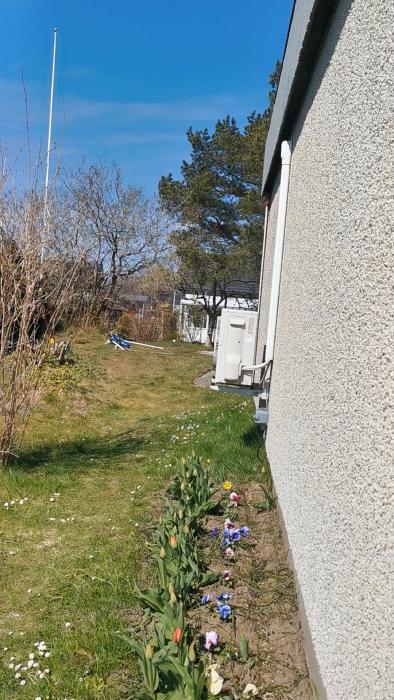 Husvägg med värmepump, blommor i förgrunden, klar himmel, ingen person synlig.