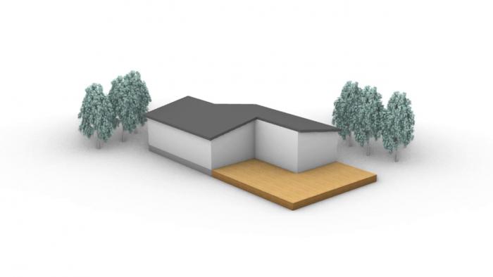En datorgenererad film av ett enkelt, modernt hus med platt tak, omgiven av träd, på en vit bakgrund.