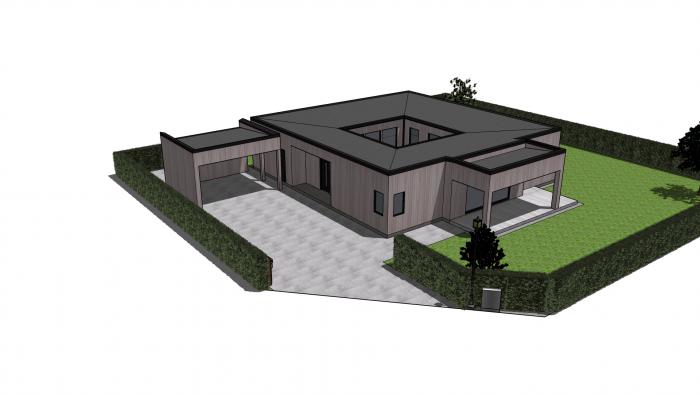 Ett 3D-renderat hus med modern arkitektur, omgivet av häckar, med en gatlykta och en lila buske.