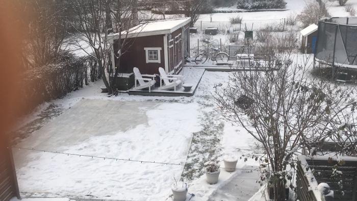 Ett snöigt trädgårdsscenario med ett skjul, trädäck med stolar, trampolin och en person i färgglada kläder.