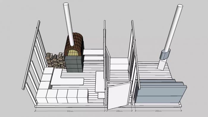 Detta är en 3D-ritning av en bastu med vedeldad bastuugn och två skorstenar, dimensionerad med måttangivelser.