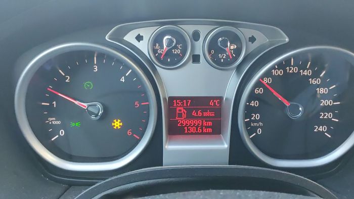 Instrumentbräda i bil visar nästan 300 000 km på mätaren, utomhustemperatur på 4 grader Celsius, och klockan 15:17.