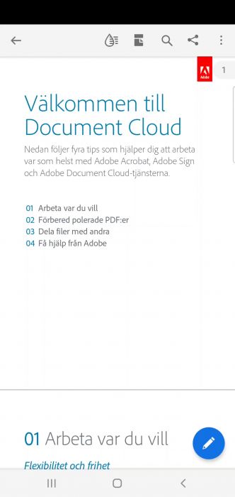 Skärmbilden visar ett informationsfönster från Adobe med välkomsthälsning till Document Cloud och fyra tips för att använda sina tjänster.