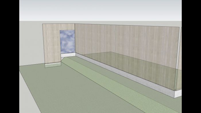 En 3D-modellerad film som visar en tom rum med trästolpar och öppen dörr till en blå himmel.