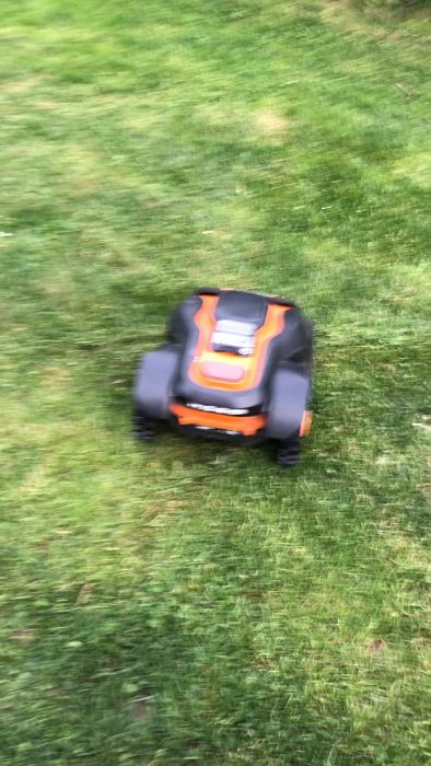 En robotgräsklippare på gräsmatta som navigerar i trädgården, svart och orange i färgen.