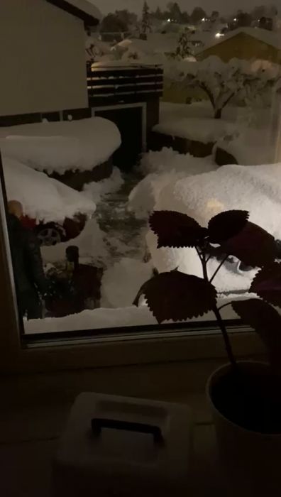 En snöig uteplats med en röd snöslunga täckt av tjockt snötäcke syns genom ett fönster i kvällsbelysning.